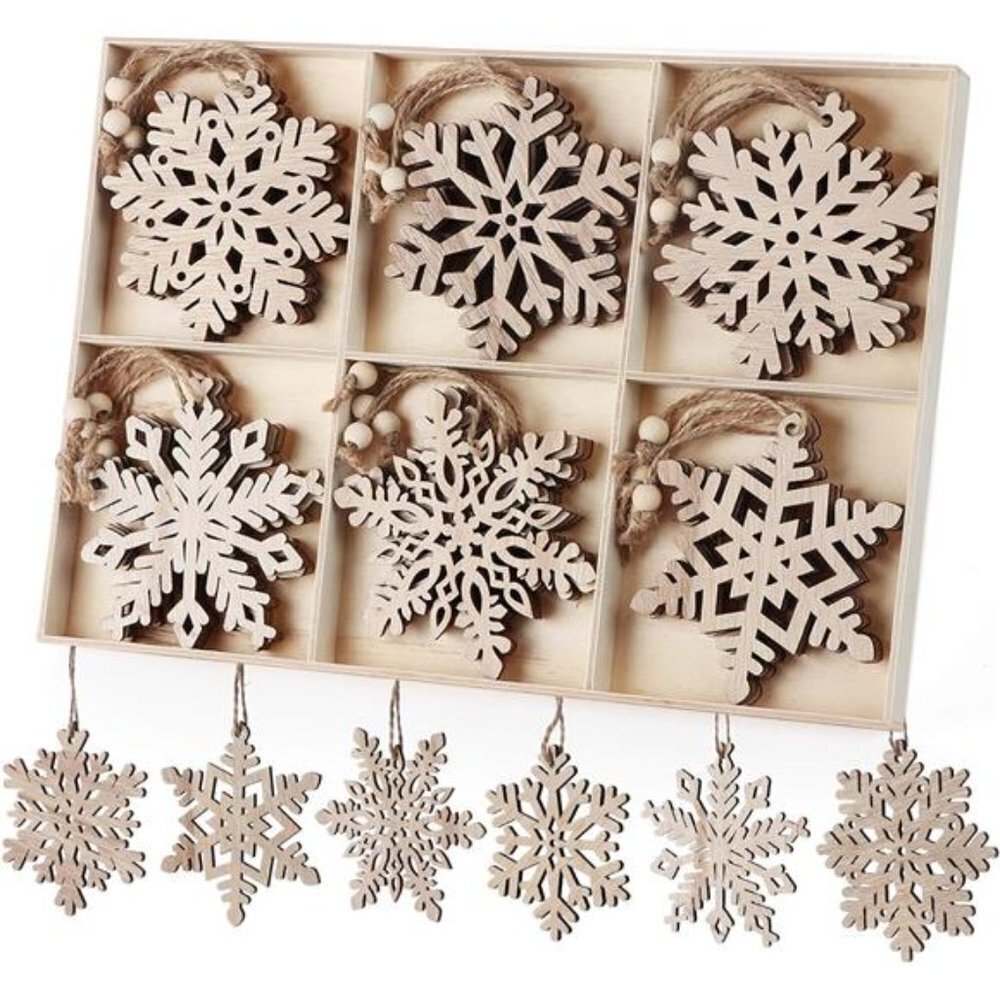 24Pcs Wooden Snowflakes Ornaments 4'' Christmas Tree Hanging Decor